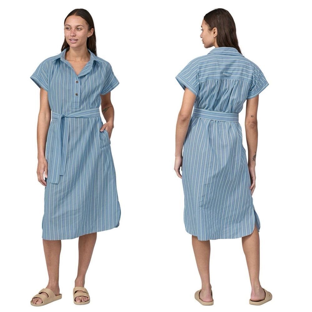 Patagonia Summer Weave Dress Blue Short Sleeve Size Small Organic Cotton Travel